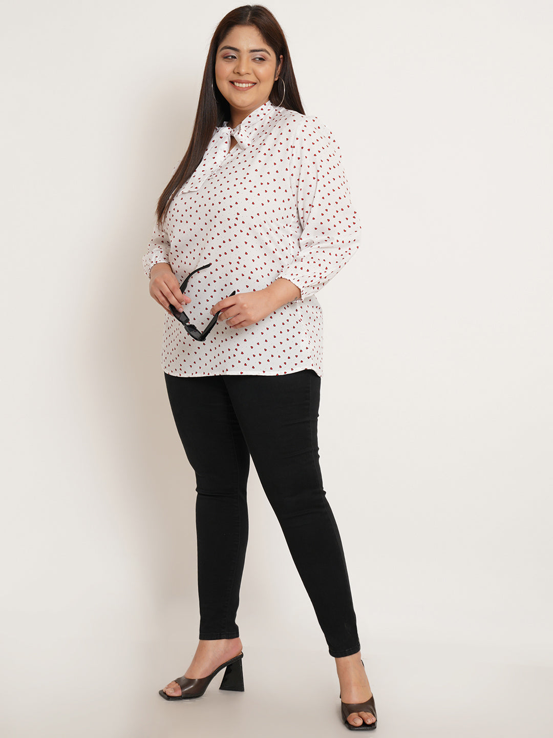 Women Plus Size Conversational Tie-Up Neck Top