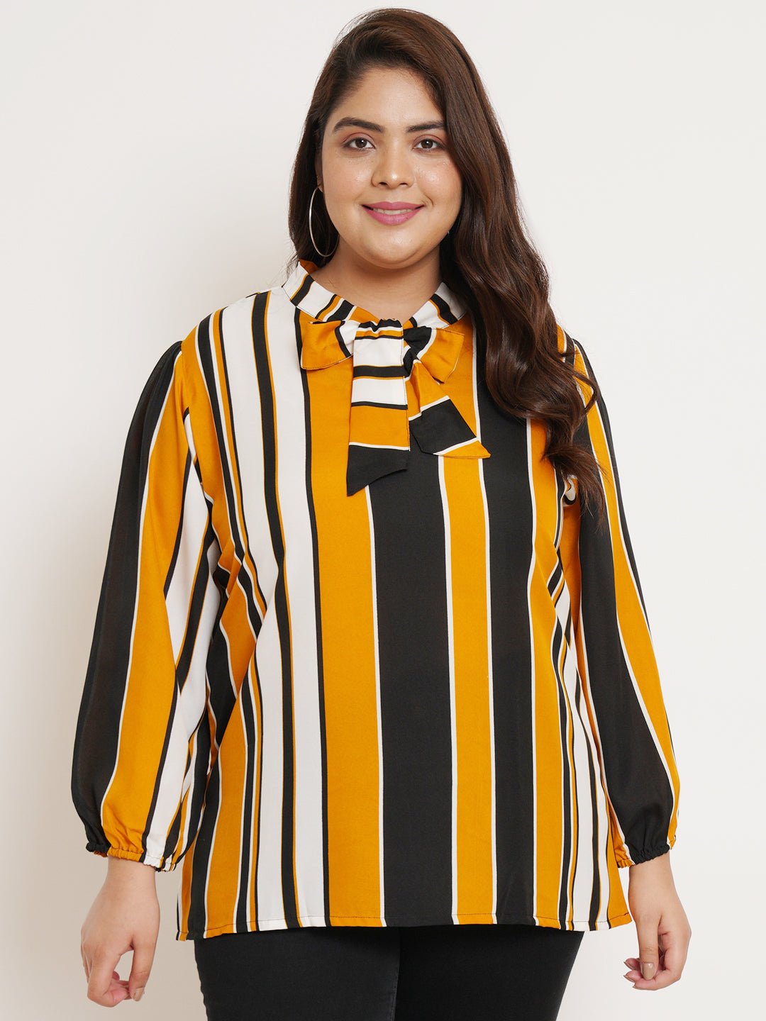 Women Plus Size Striped Tie-Up Neck Top