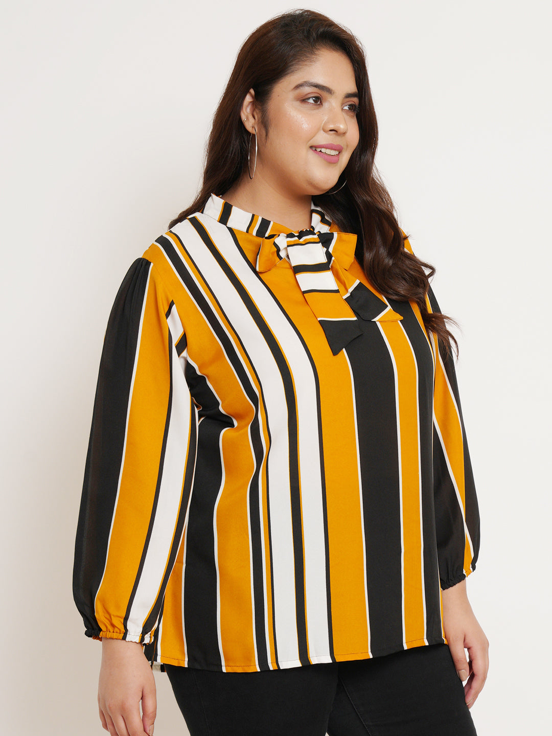 Women Plus Size Striped Tie-Up Neck Top