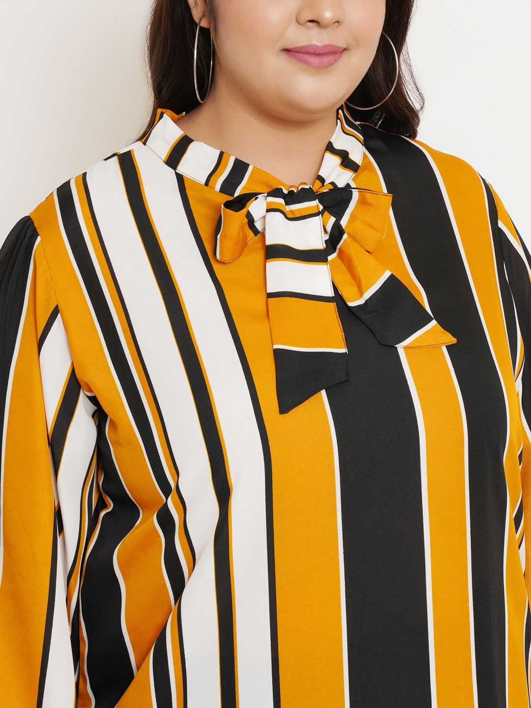 Women Plus Size Striped Tie-Up Neck Top