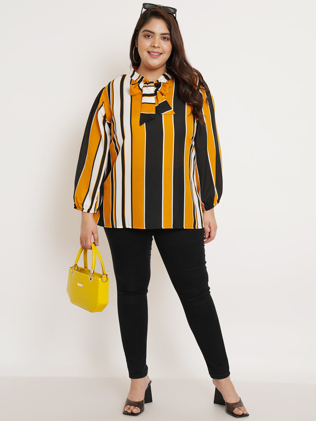 Women Plus Size Striped Tie-Up Neck Top