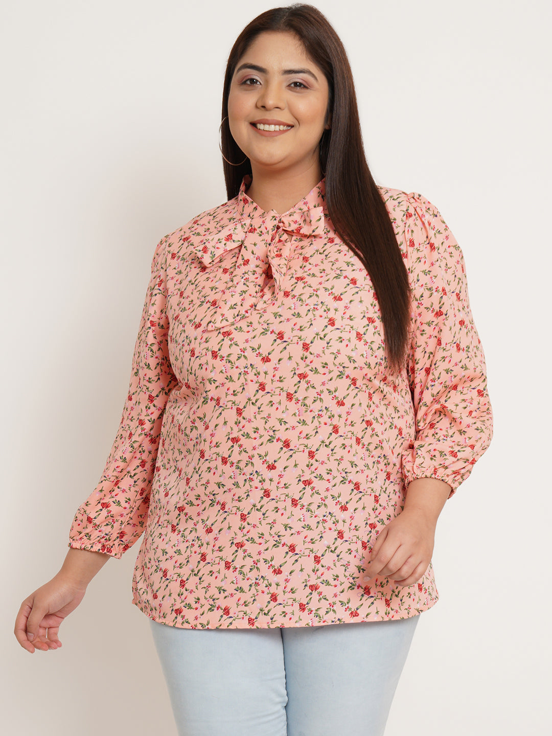Women Plus Size Floral Tie-Up Neck Top