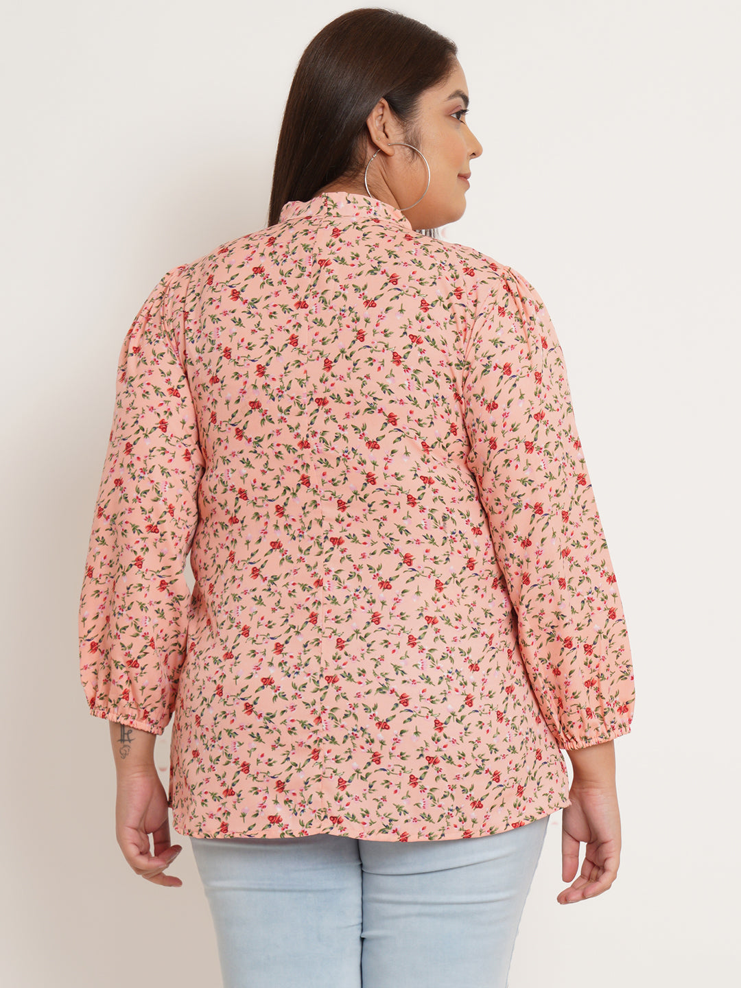 Women Plus Size Floral Tie-Up Neck Top