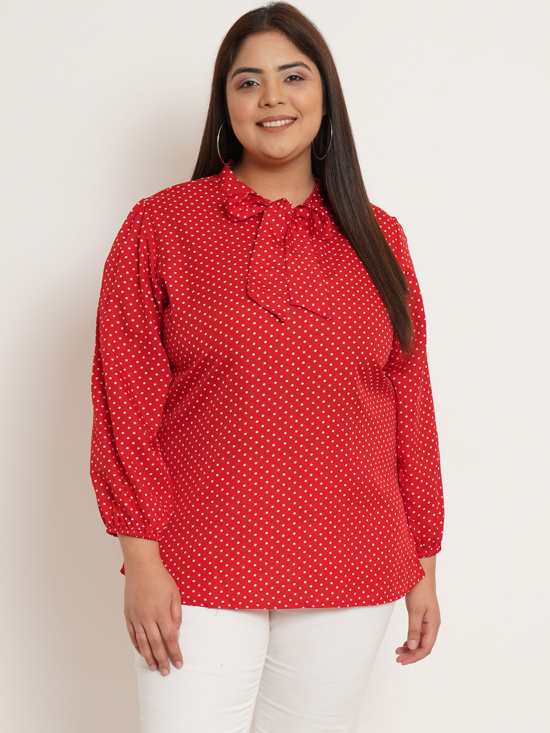 Women Plus Size Polka Dot Tie-Up Neck Top