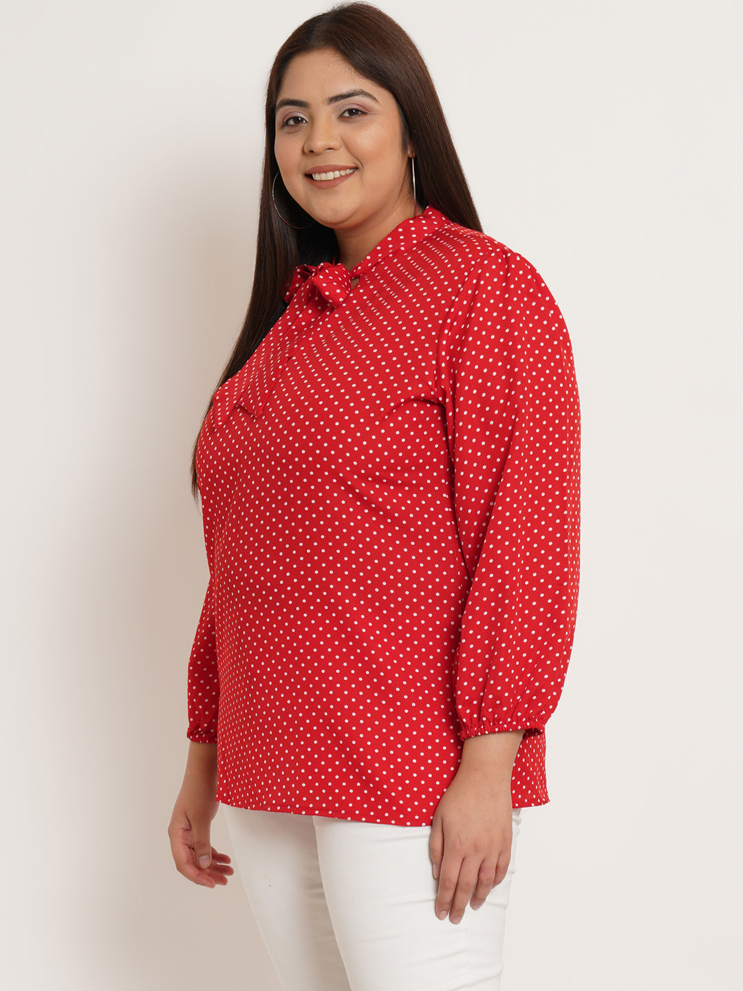 Women Plus Size Polka Dot Tie-Up Neck Top