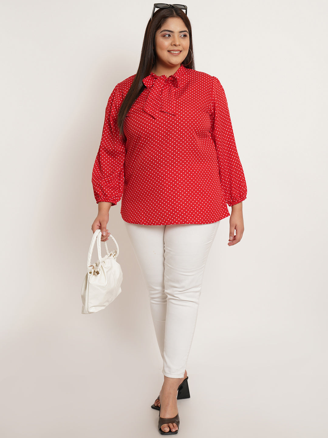 Women Plus Size Polka Dot Tie-Up Neck Top