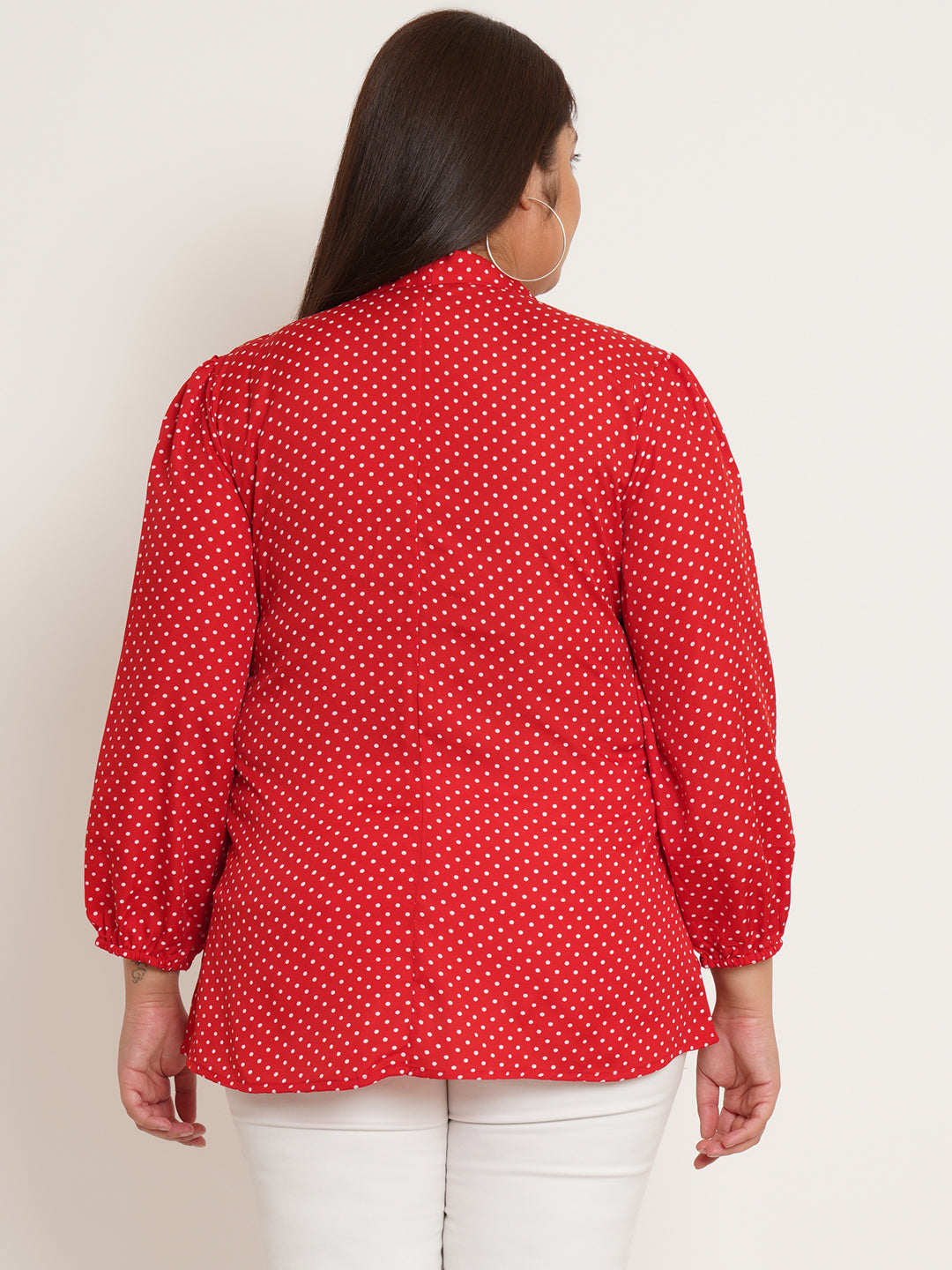 Women Plus Size Polka Dot Tie-Up Neck Top