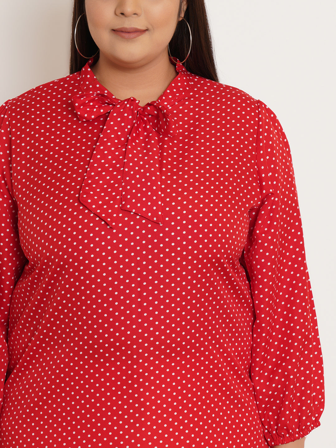 Women Plus Size Polka Dot Tie-Up Neck Top