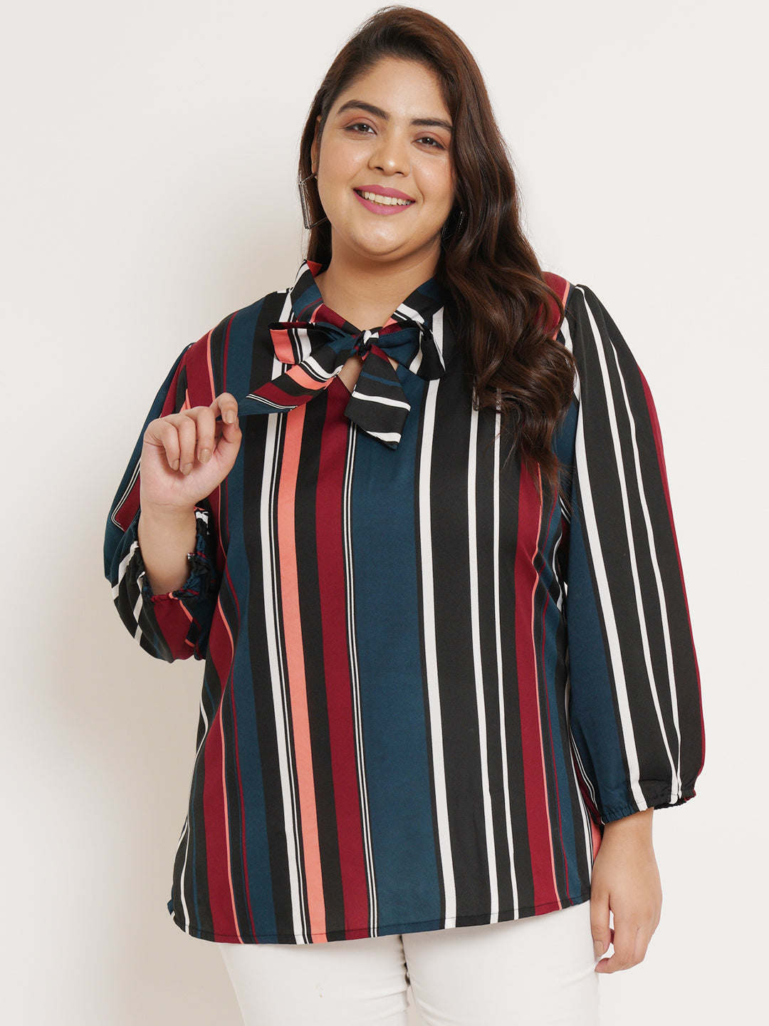 Women Plus Size Striped Tie-Up Neck Top