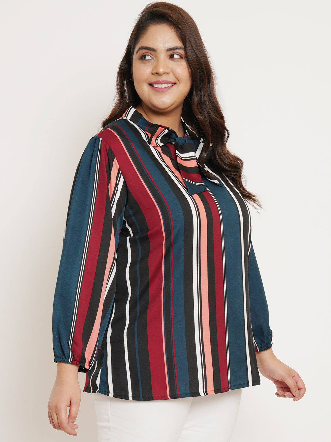 Women Plus Size Striped Tie-Up Neck Top
