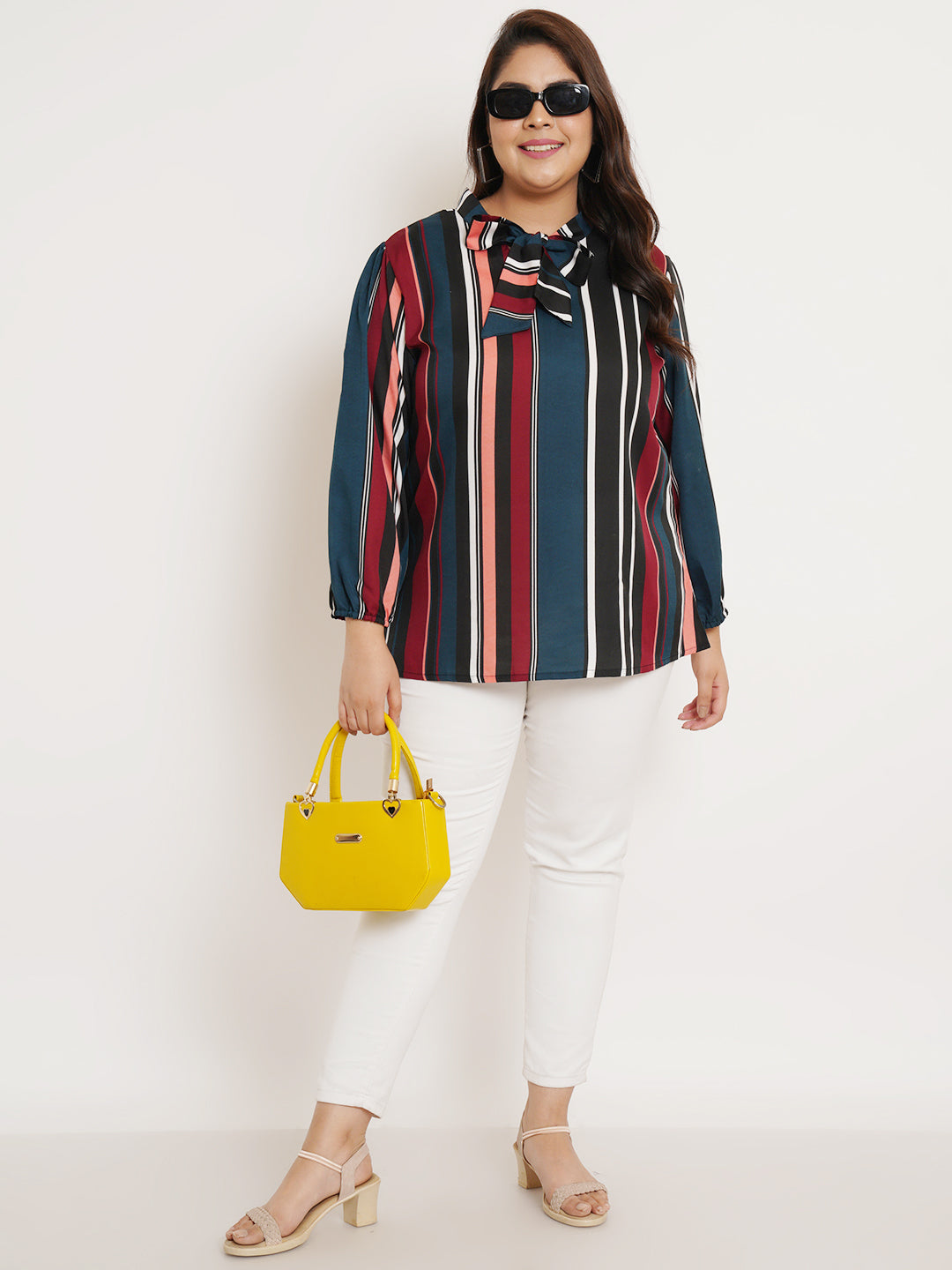 Women Plus Size Striped Tie-Up Neck Top