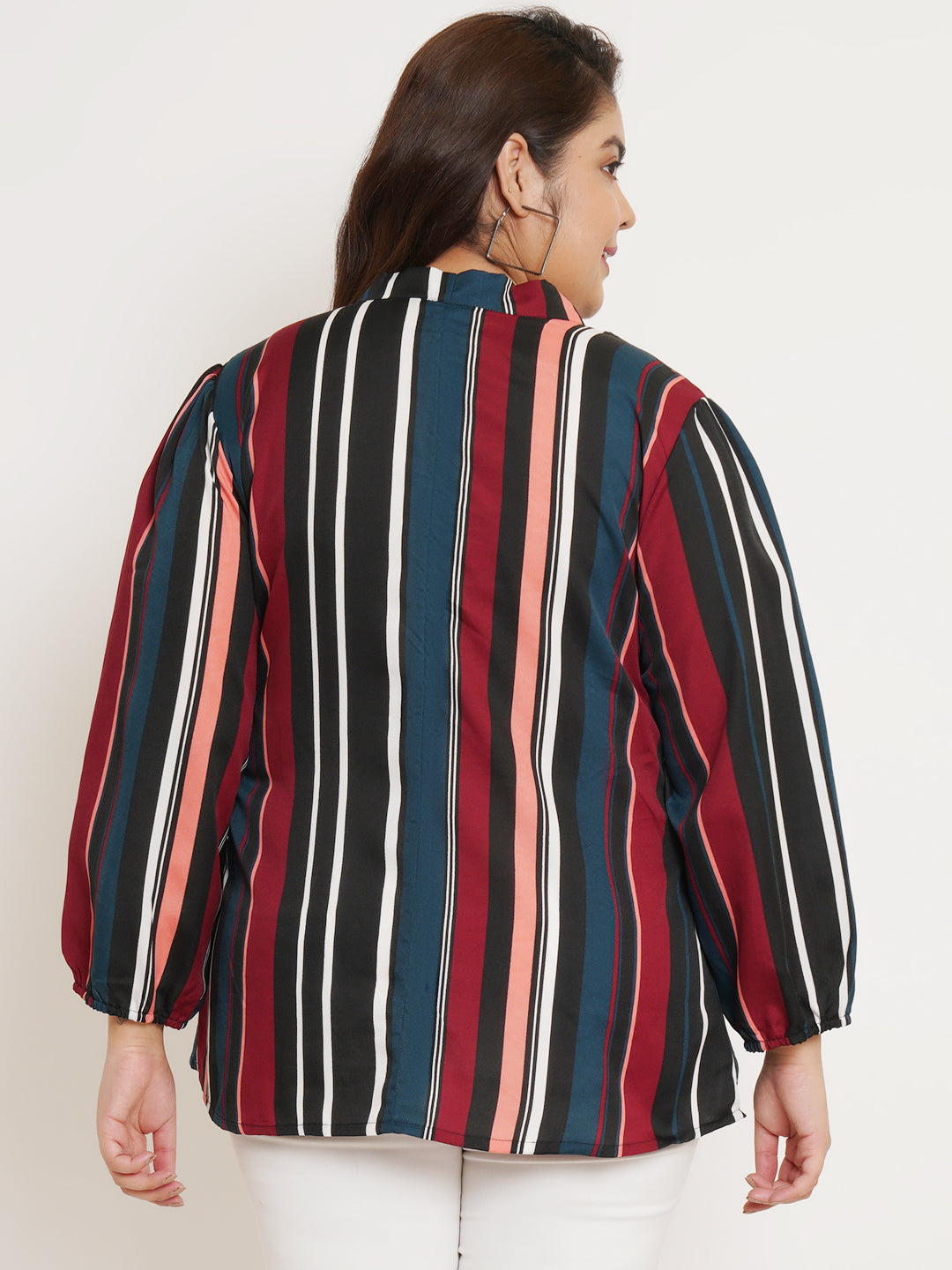 Women Plus Size Striped Tie-Up Neck Top