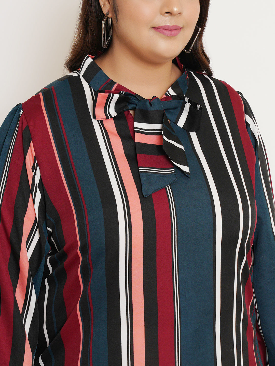 Women Plus Size Striped Tie-Up Neck Top