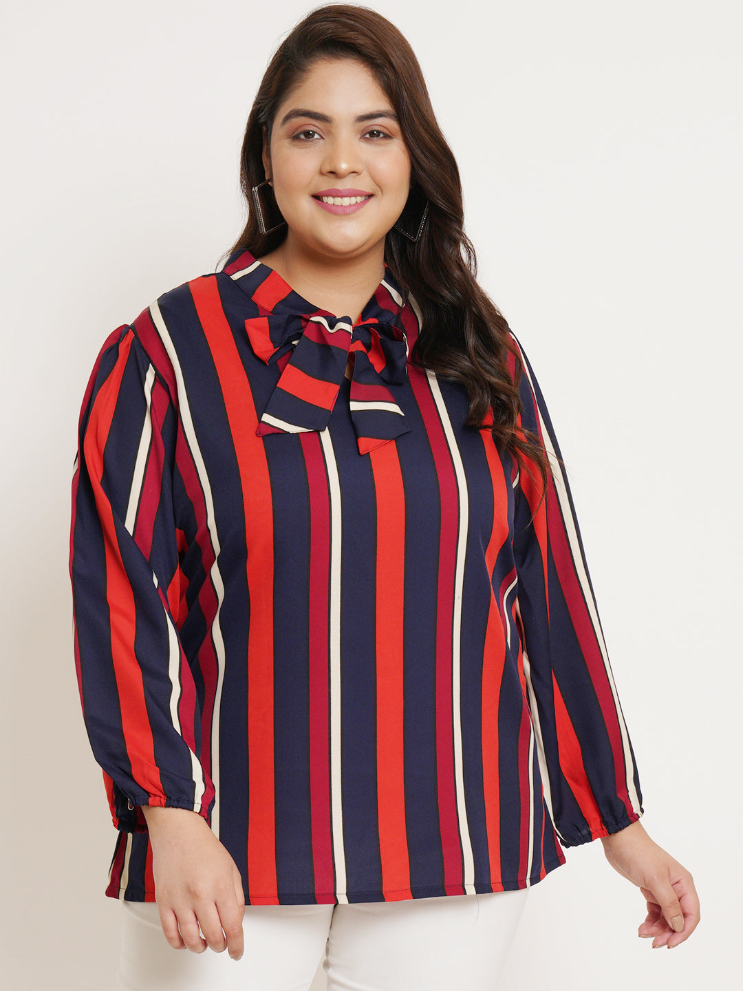Women Plus Size Striped Tie-Up Neck Top