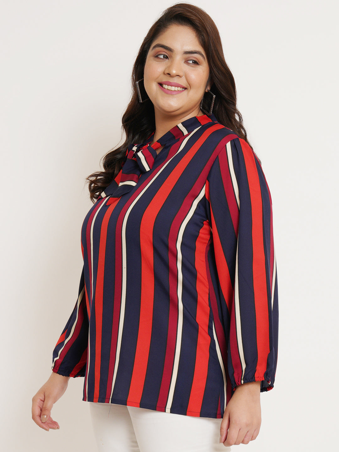 Women Plus Size Striped Tie-Up Neck Top