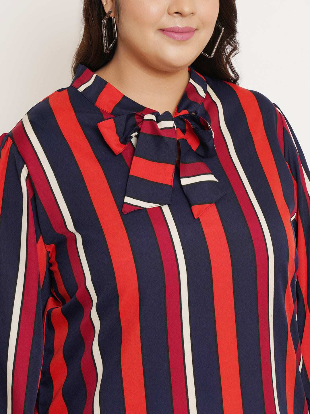 Women Plus Size Striped Tie-Up Neck Top