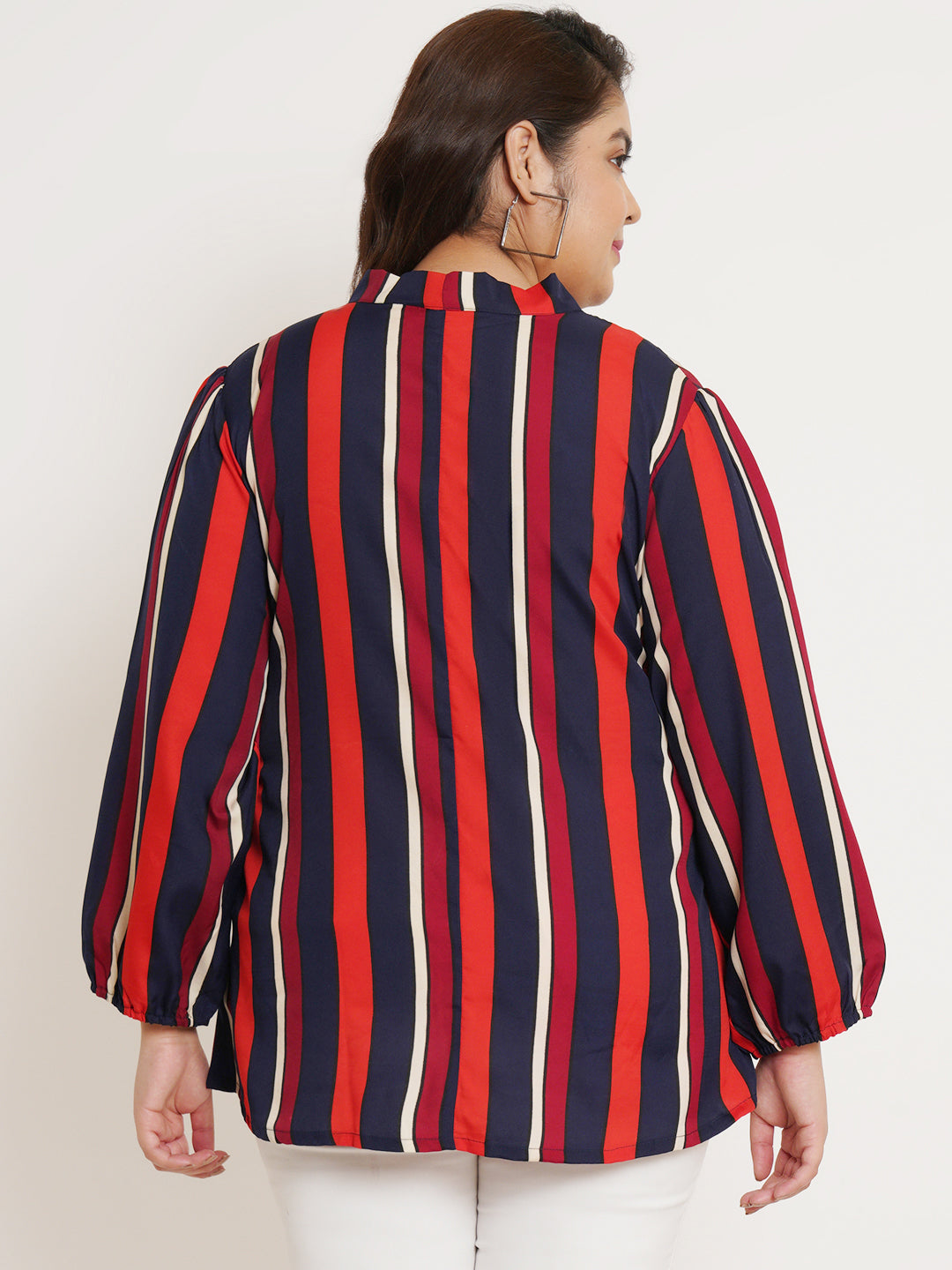 Women Plus Size Striped Tie-Up Neck Top