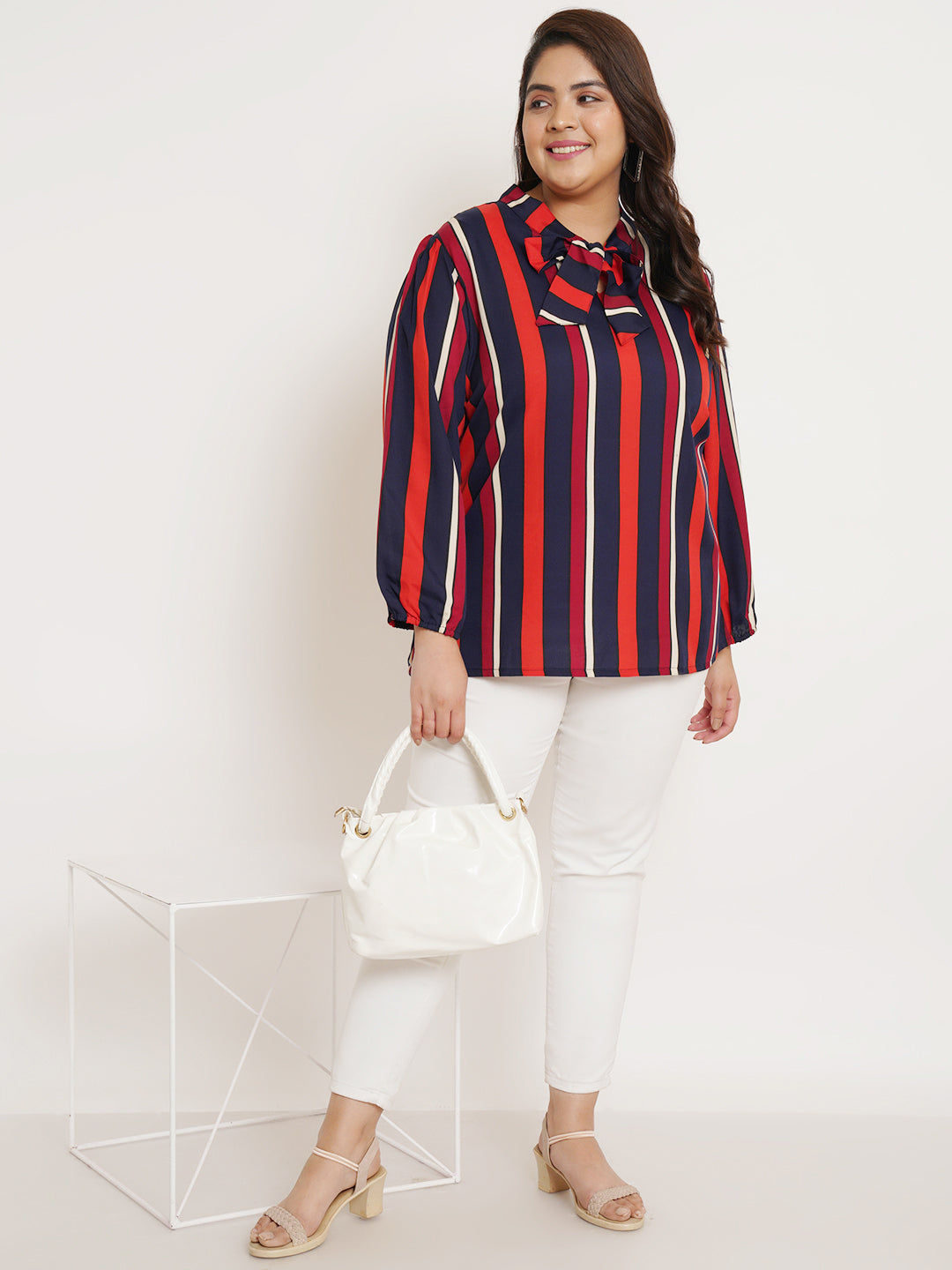 Women Plus Size Striped Tie-Up Neck Top
