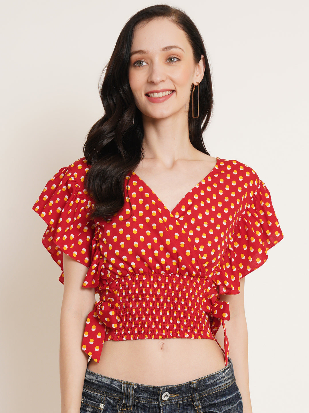 Women Red & White Geometric Printed Flutter Sleeve Smocked Waist Tie-Up Wrap Crop Top