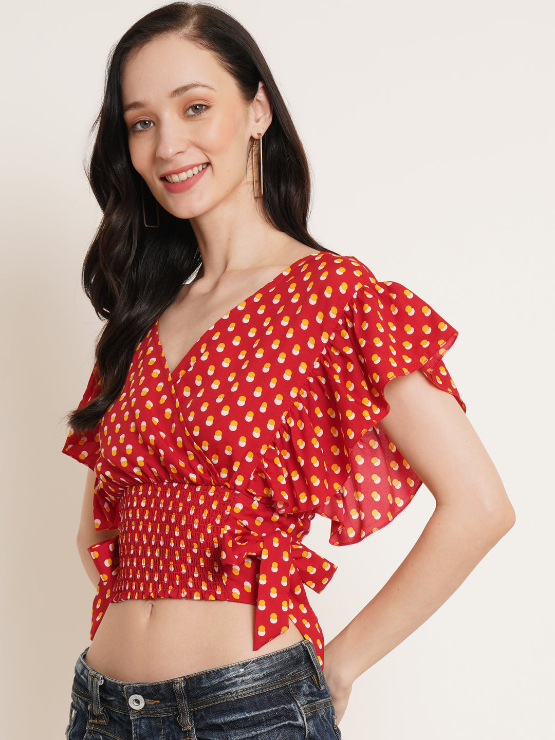 Women Red & White Geometric Printed Flutter Sleeve Smocked Waist Tie-Up Wrap Crop Top