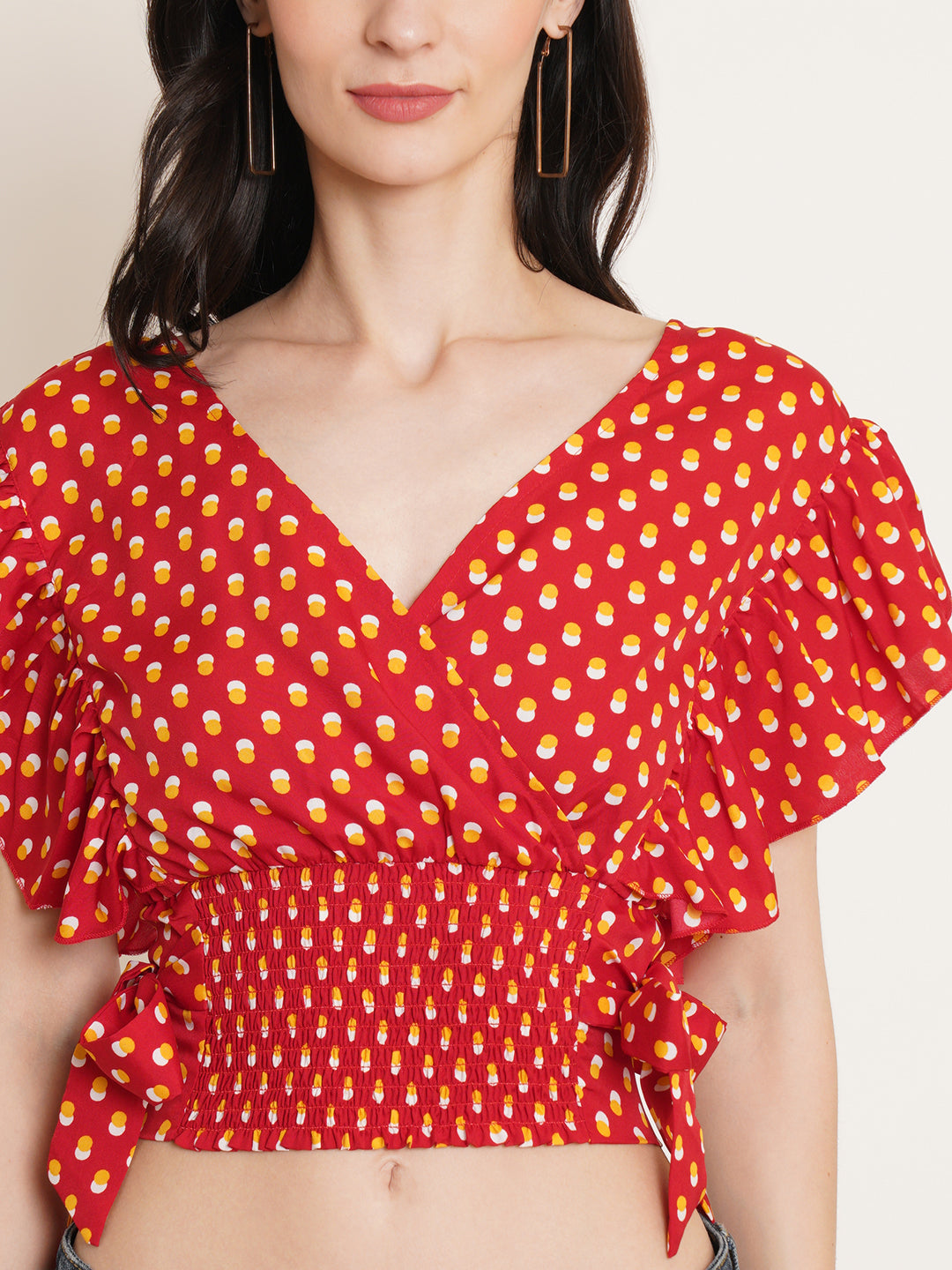 Women Red & White Geometric Printed Flutter Sleeve Smocked Waist Tie-Up Wrap Crop Top