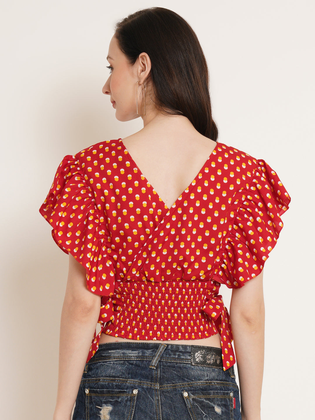 Women Red & White Geometric Printed Flutter Sleeve Smocked Waist Tie-Up Wrap Crop Top