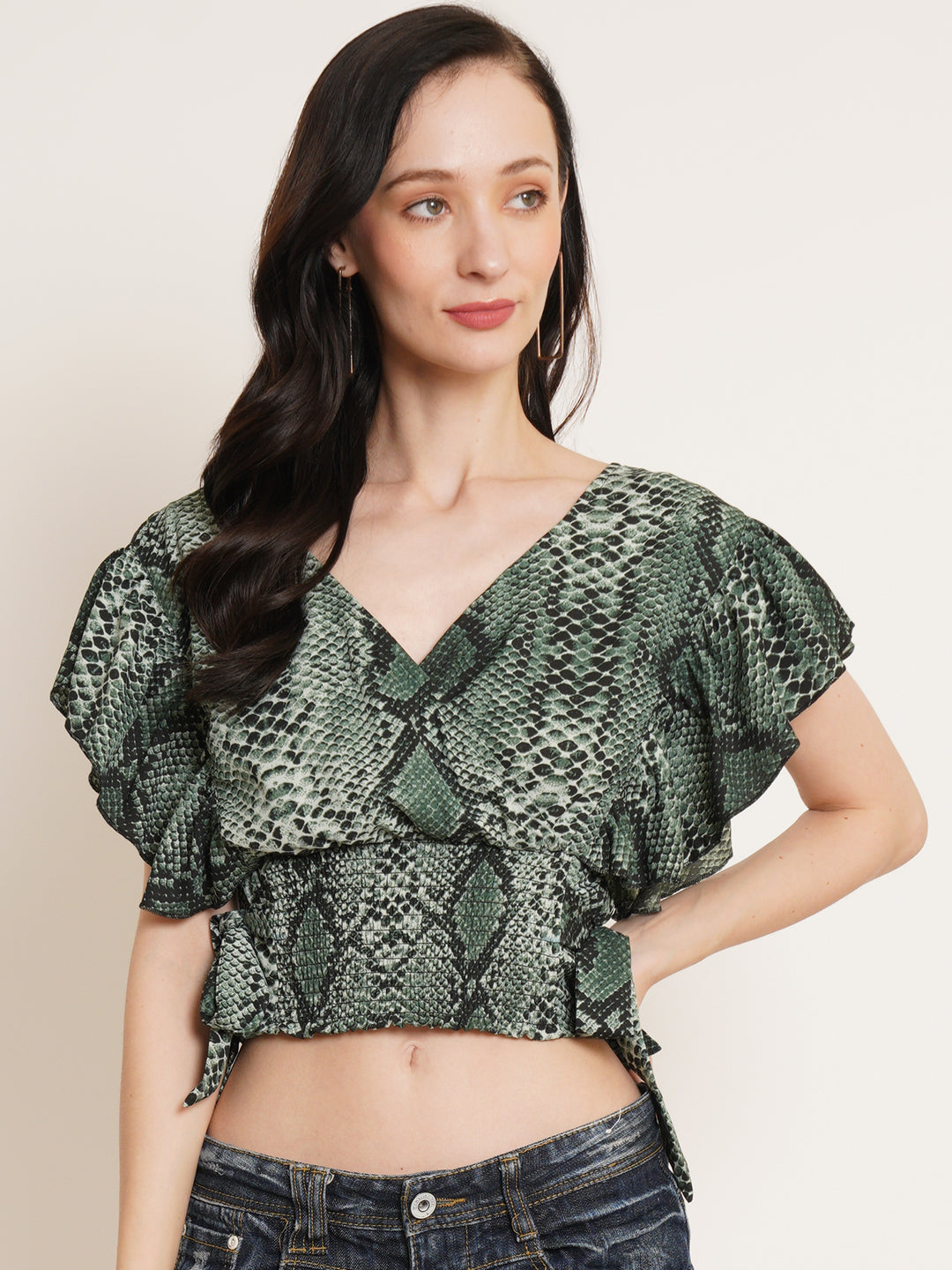 Women Green & White Animal Printed Flutter Sleeve Smocked Waist Tie-Up Wrap Crop Top