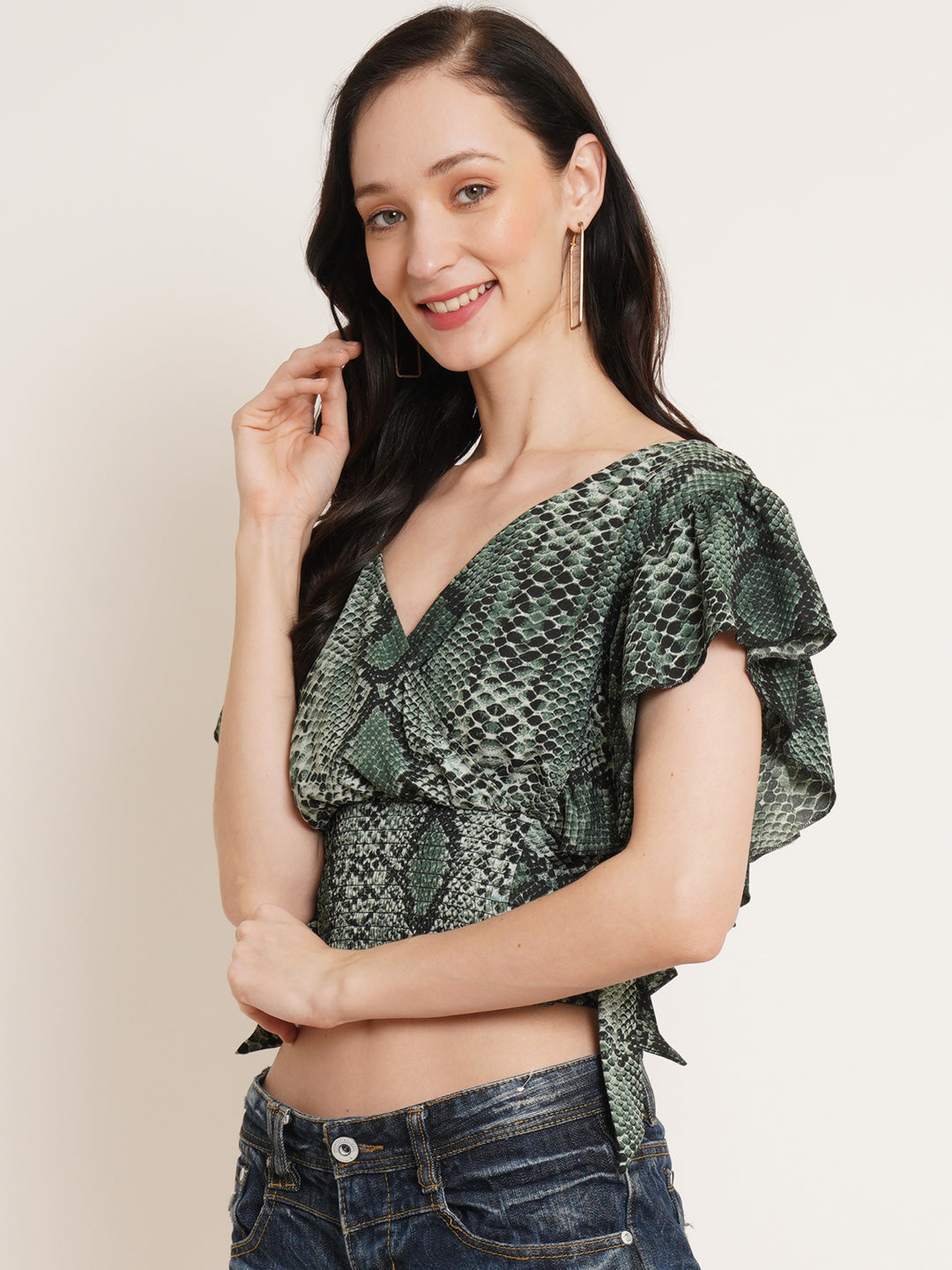 Women Green & White Animal Printed Flutter Sleeve Smocked Waist Tie-Up Wrap Crop Top