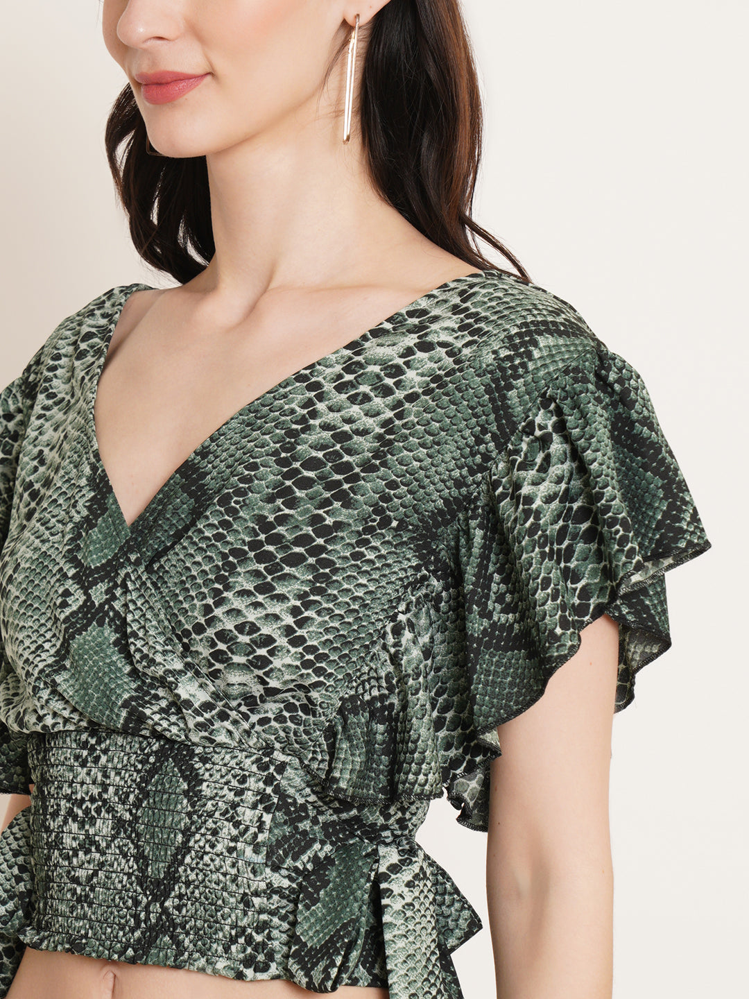 Women Green & White Animal Printed Flutter Sleeve Smocked Waist Tie-Up Wrap Crop Top