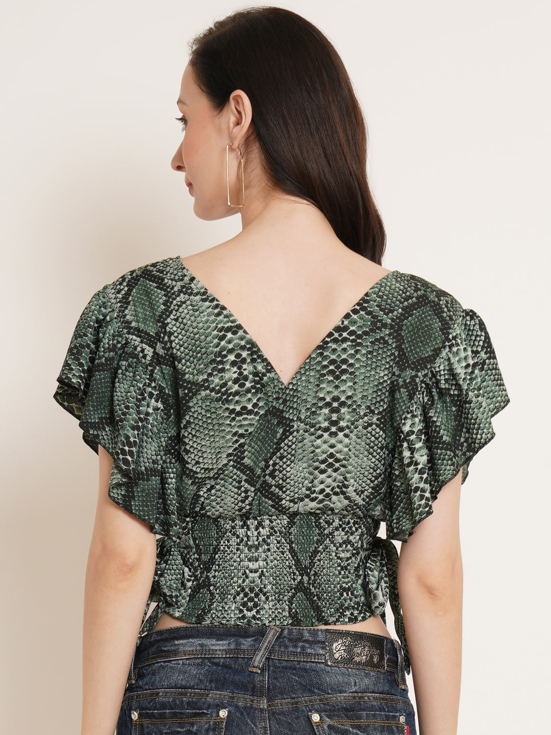 Women Green & White Animal Printed Flutter Sleeve Smocked Waist Tie-Up Wrap Crop Top