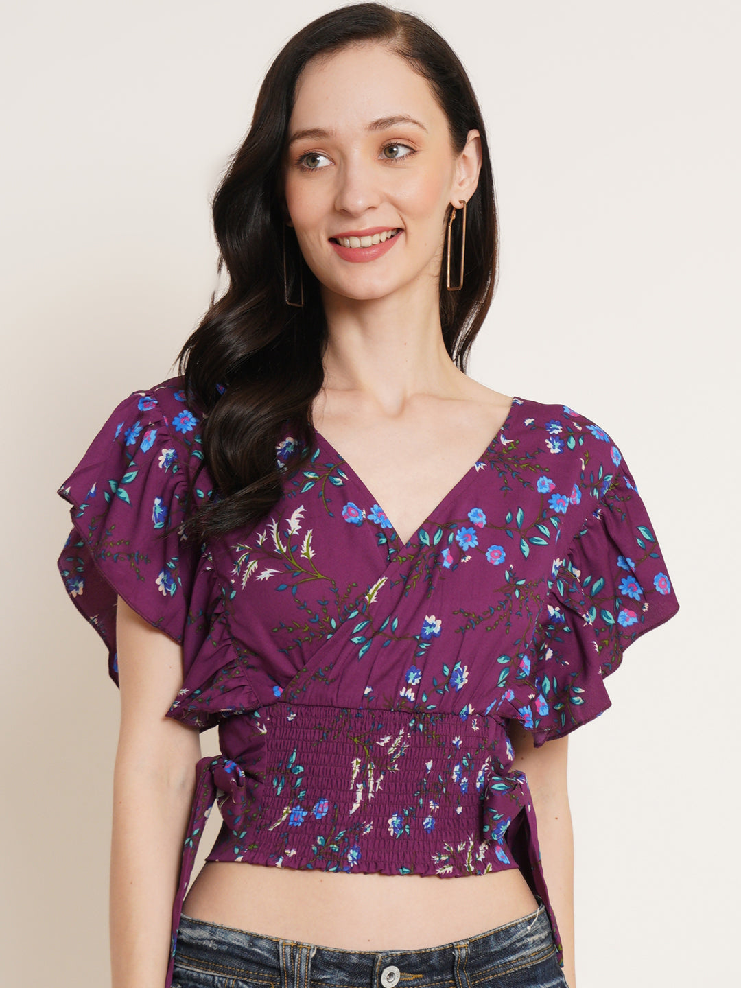 Women Purple Floral Printed Flutter Sleeve Smocked Waist Tie-Up Wrap Crop Top
