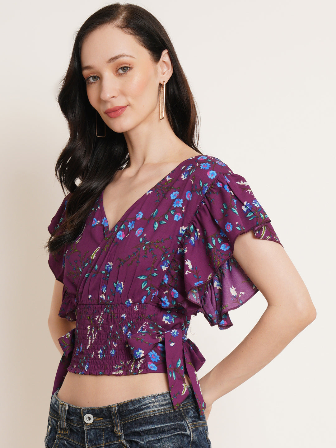 Women Purple Floral Printed Flutter Sleeve Smocked Waist Tie-Up Wrap Crop Top