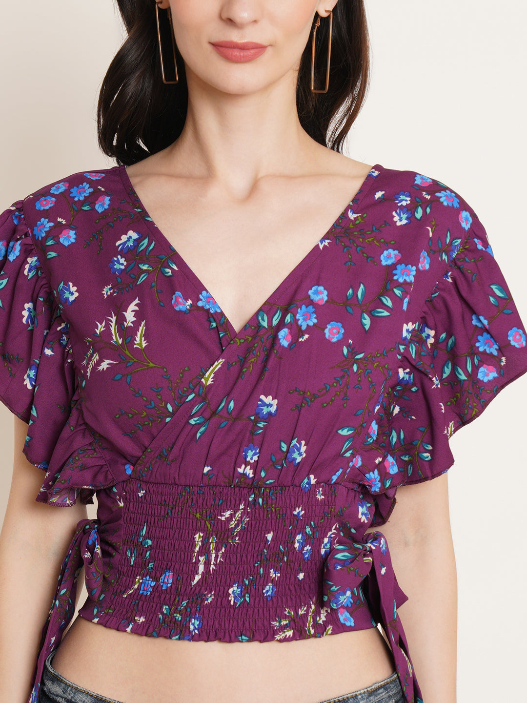 Women Purple Floral Printed Flutter Sleeve Smocked Waist Tie-Up Wrap Crop Top