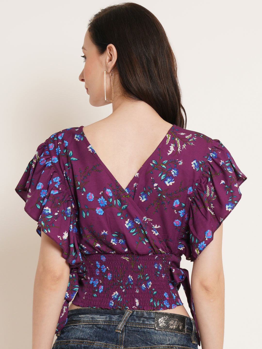 Women Purple Floral Printed Flutter Sleeve Smocked Waist Tie-Up Wrap Crop Top