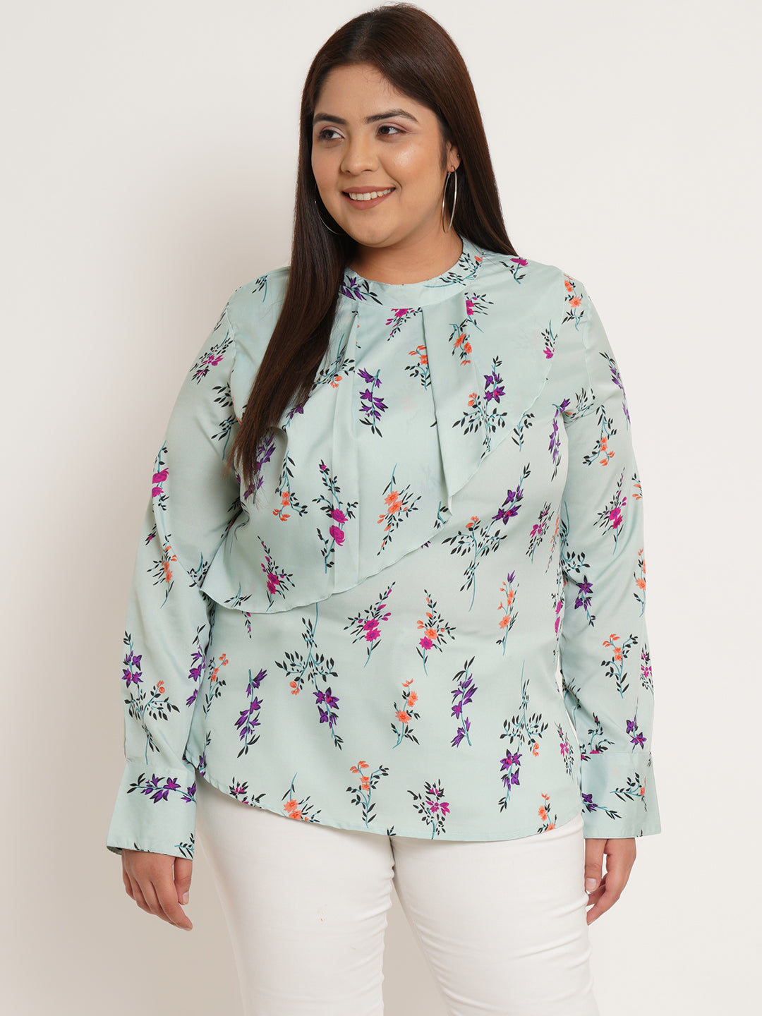 Women Plus Size Floral Printed Ruffled Top