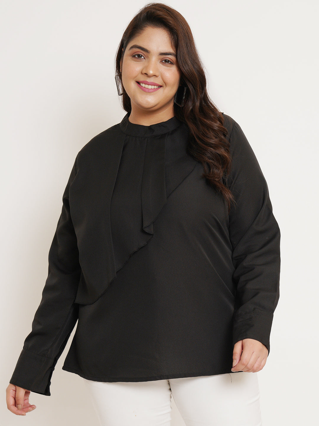 Women Plus Size Black Ruffled Top