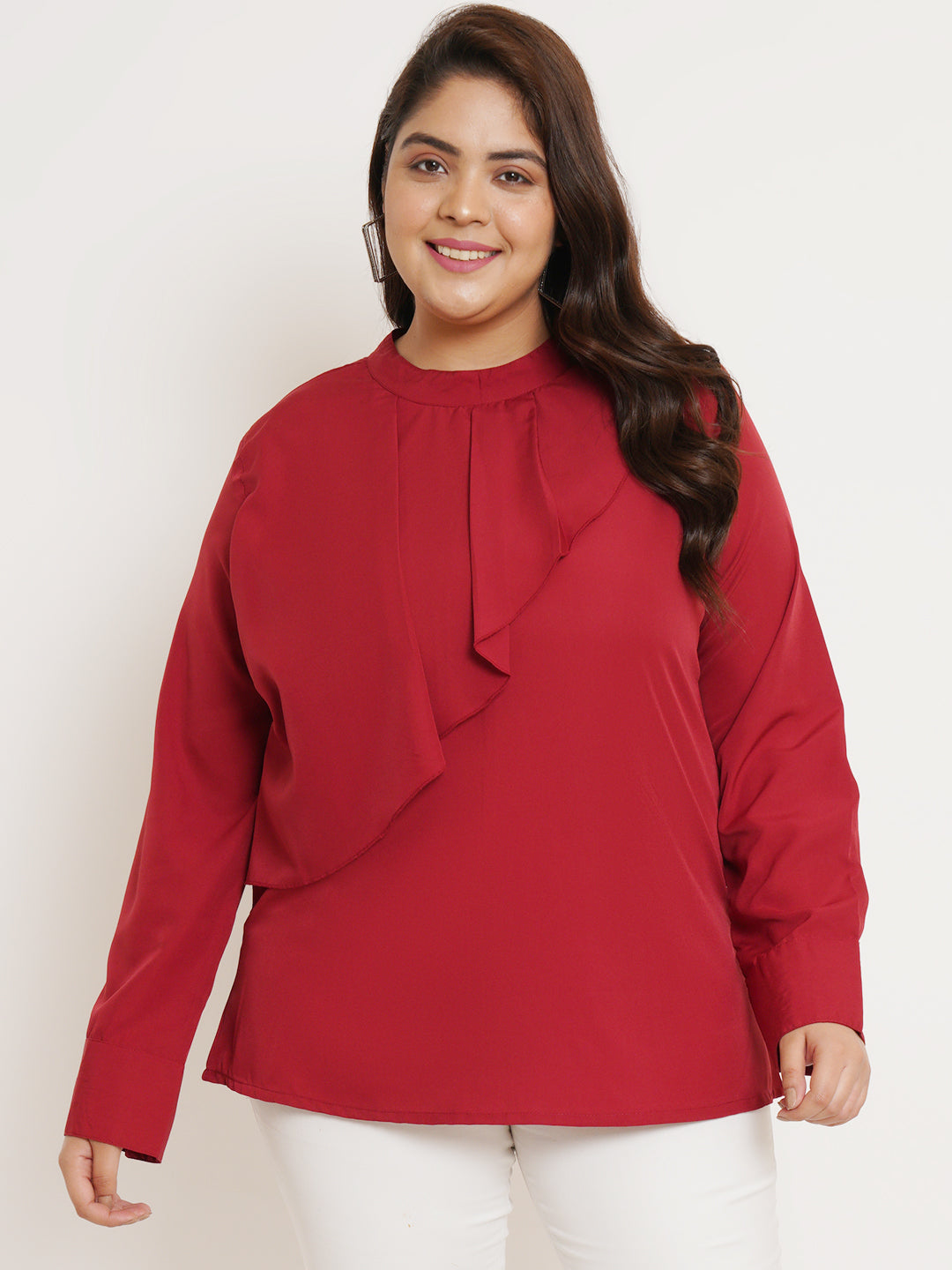 Women Plus Size Red Ruffled Top