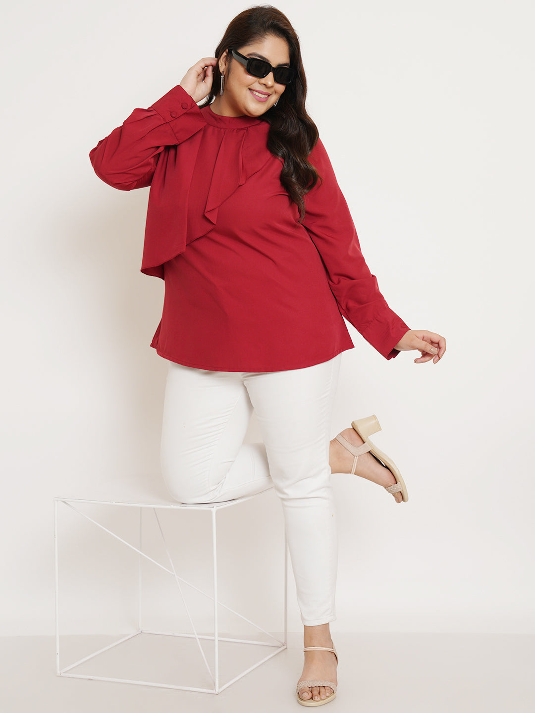 Women Plus Size Red Ruffled Top