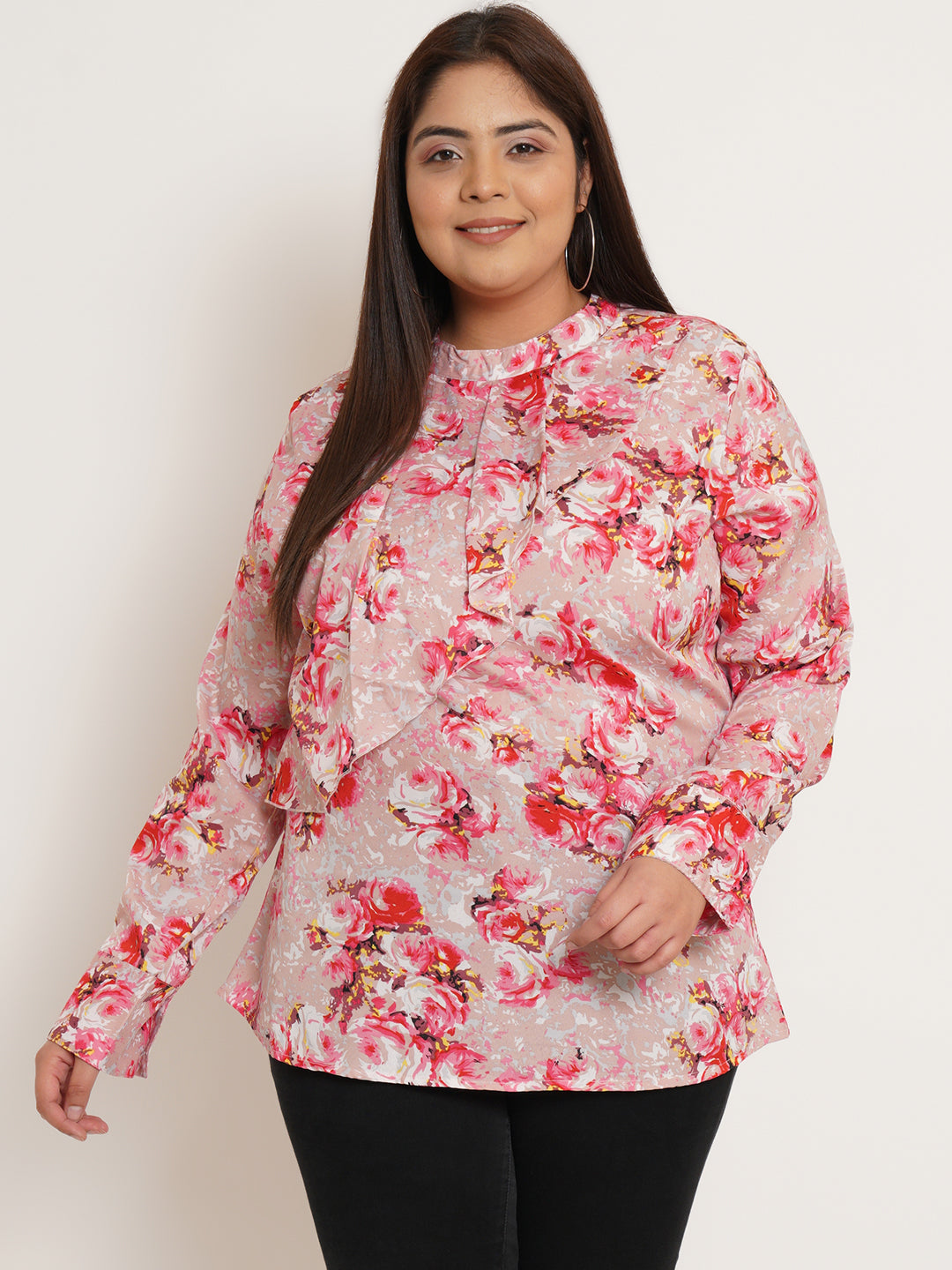 Women Plus Size Floral Printed Ruffled Top