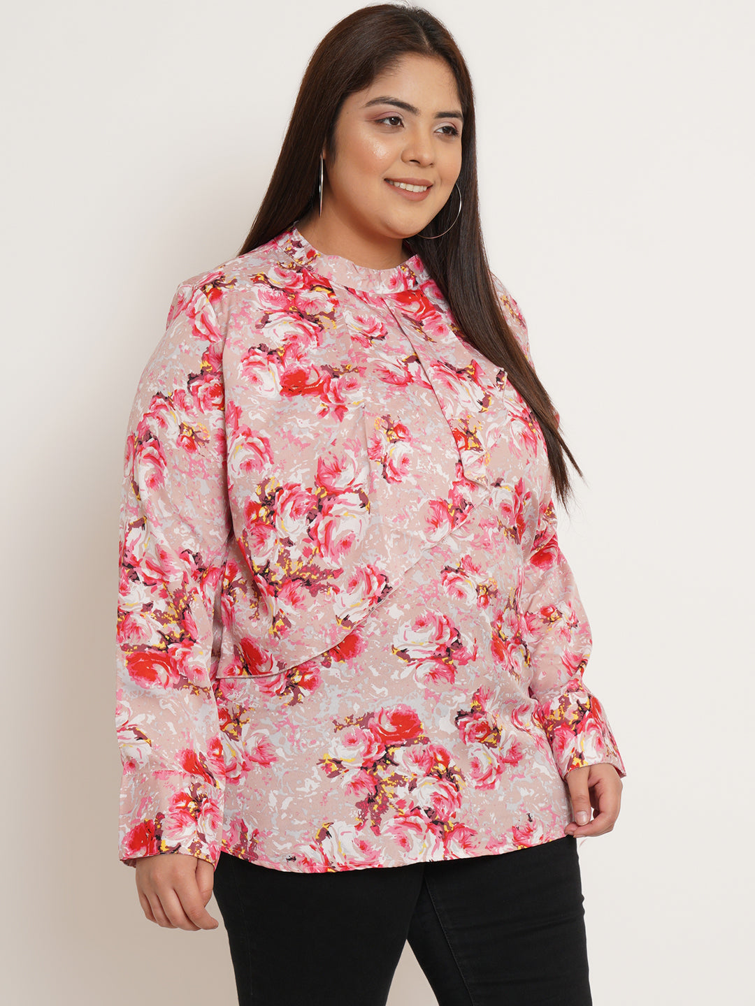 Women Plus Size Floral Printed Ruffled Top