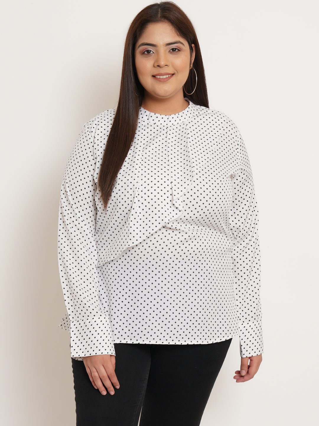 Women Plus Size Polka Dot Printed Ruffled Top