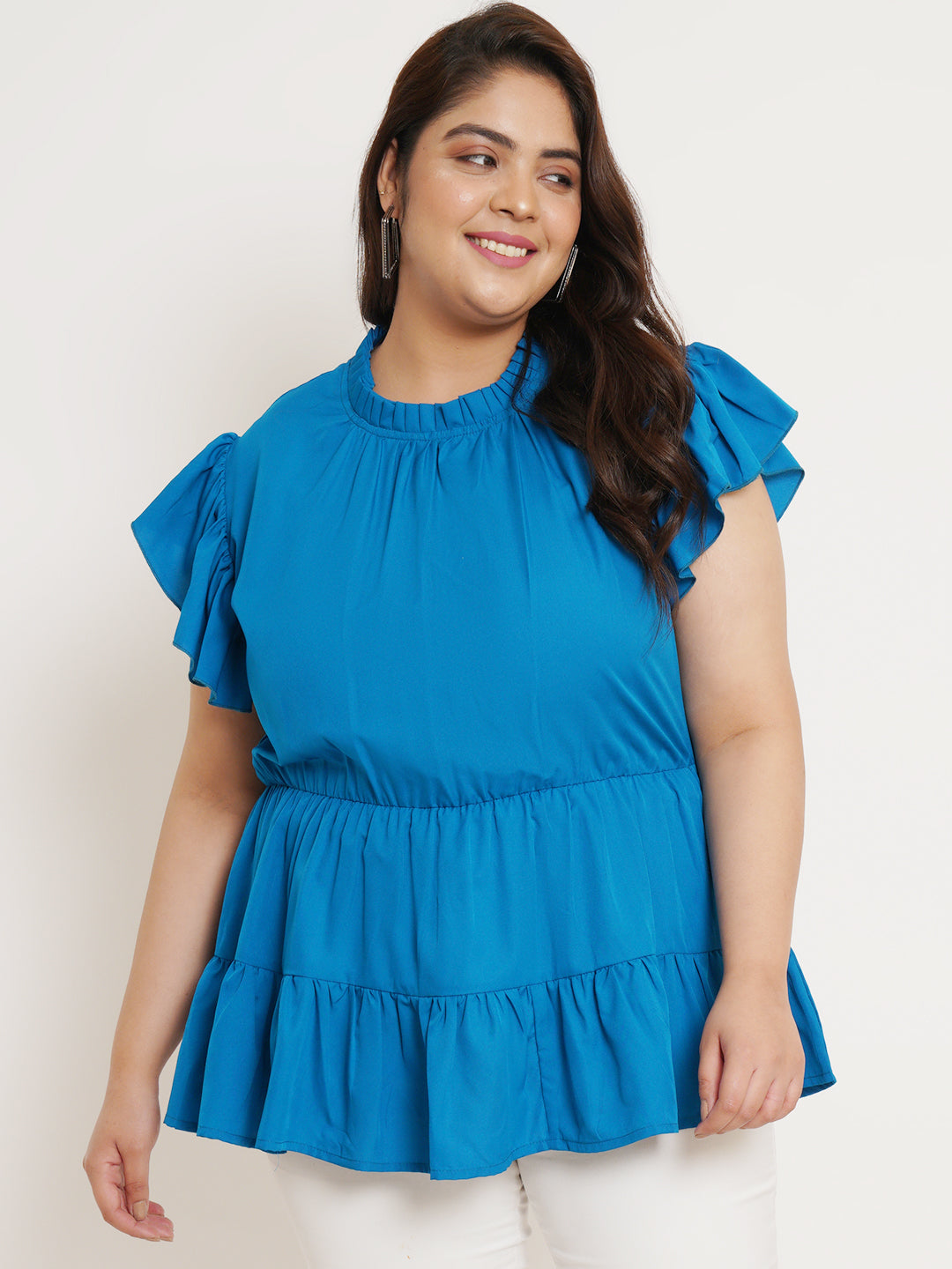 Women Plus Size Flutter Sleeves Ruffles Top