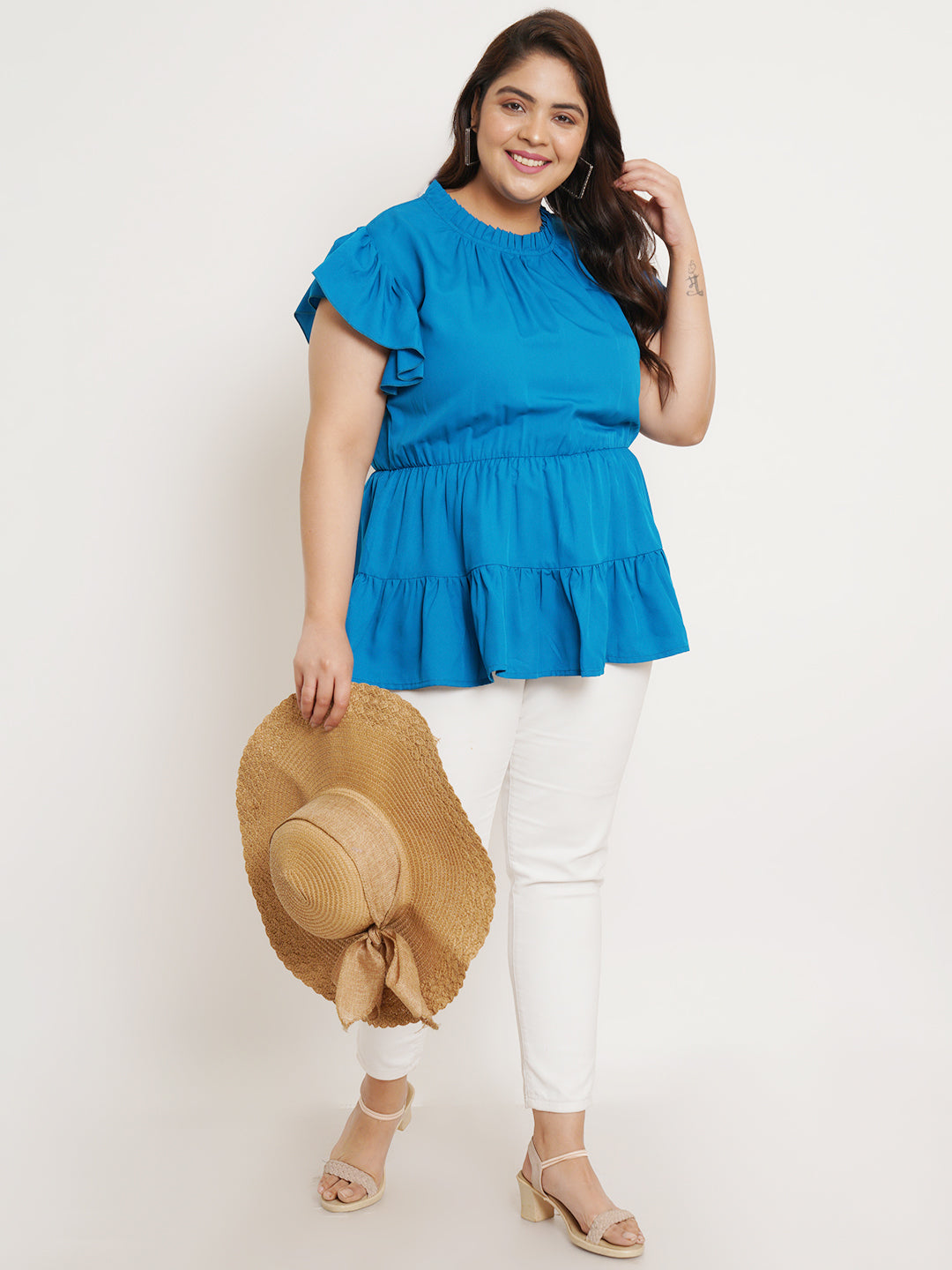 Women Plus Size Flutter Sleeves Ruffles Top
