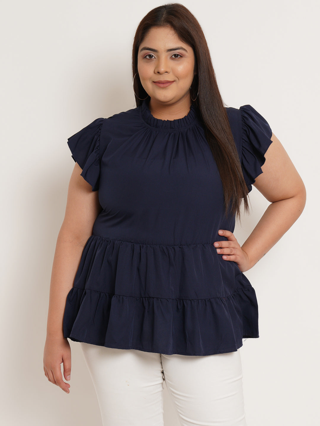 Women Plus Size Flutter Sleeves Ruffles Top