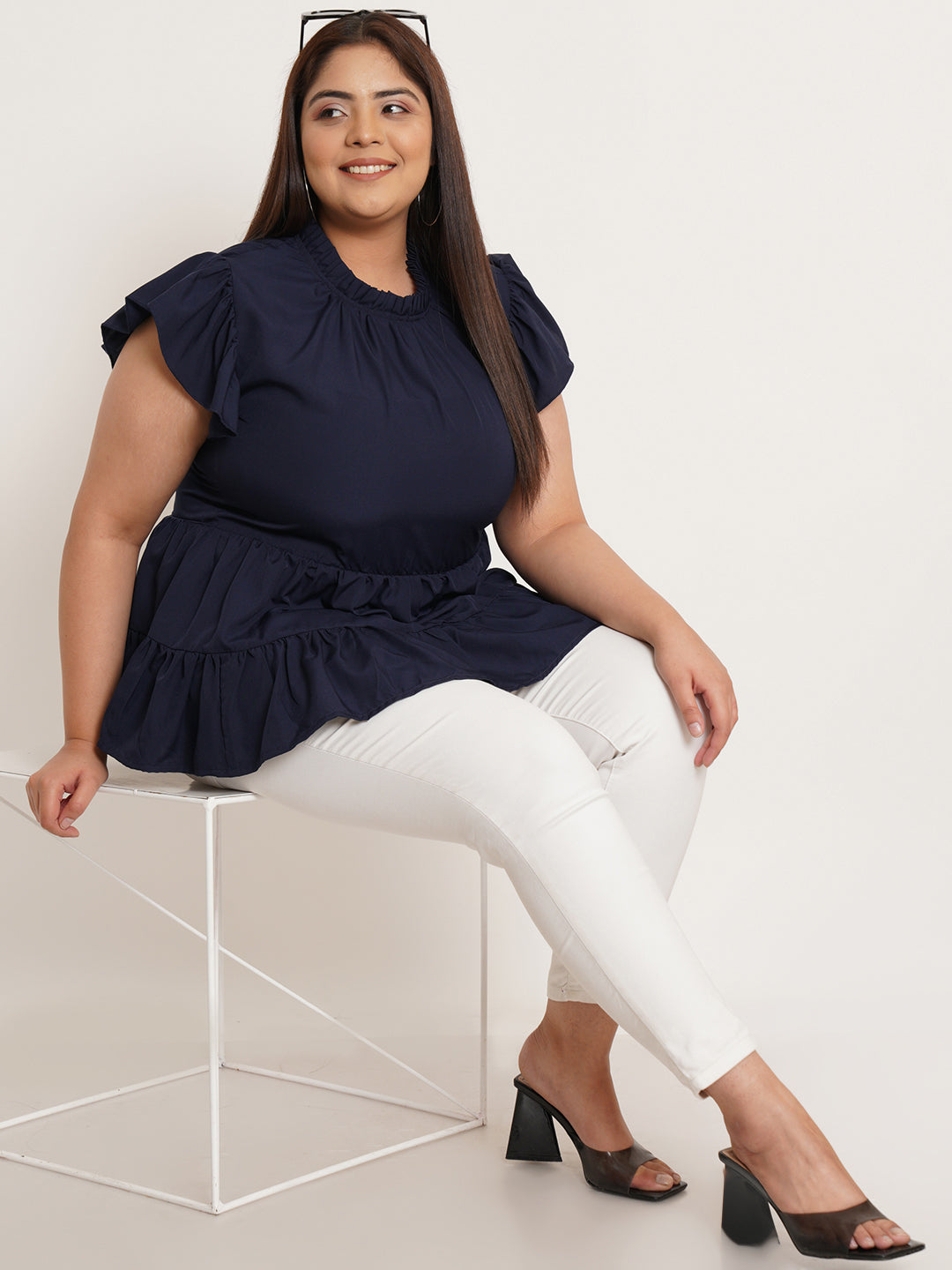 Women Plus Size Flutter Sleeves Ruffles Top