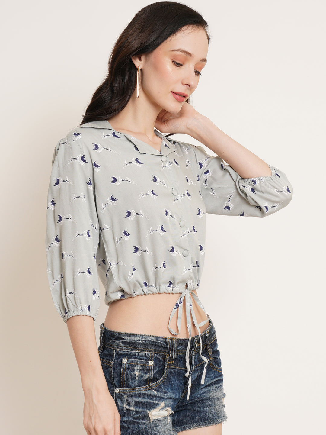 Women Grey Floral Printed Waist Tie-Up Blouson Crop Top