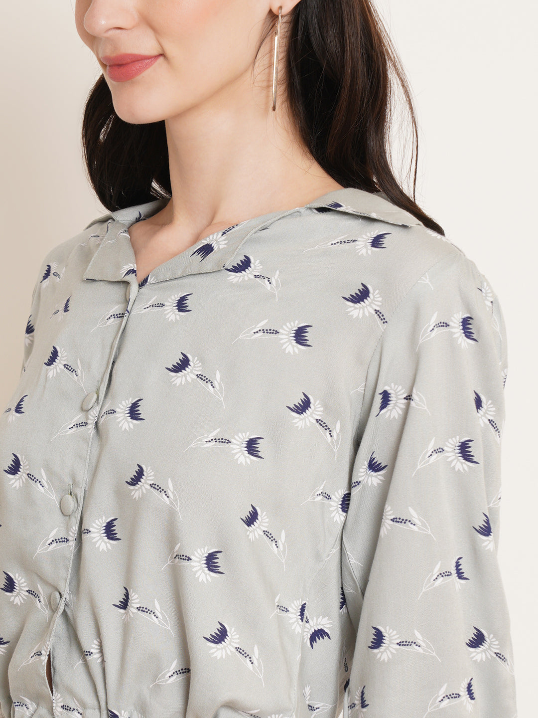 Women Grey Floral Printed Waist Tie-Up Blouson Crop Top