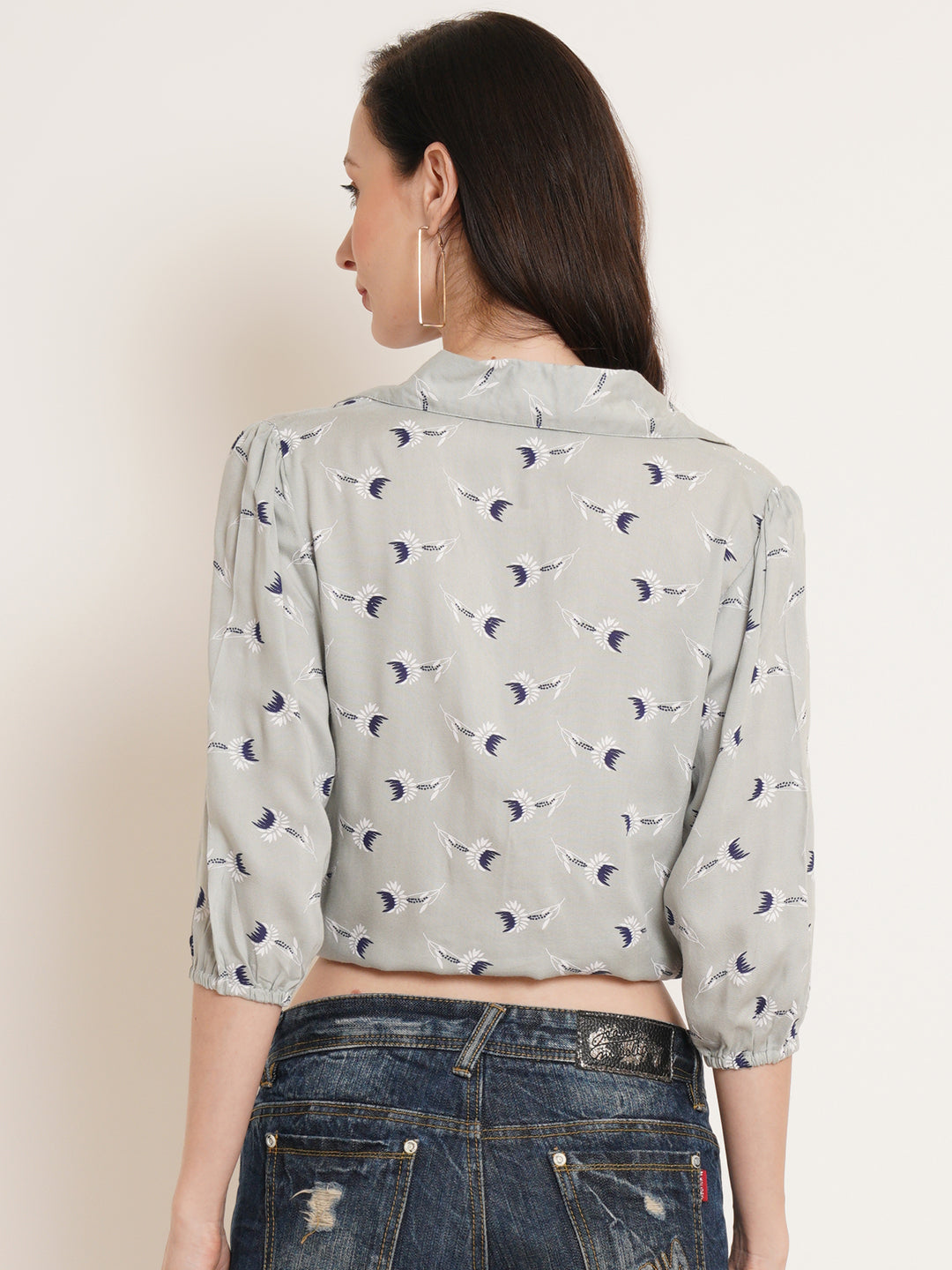 Women Grey Floral Printed Waist Tie-Up Blouson Crop Top