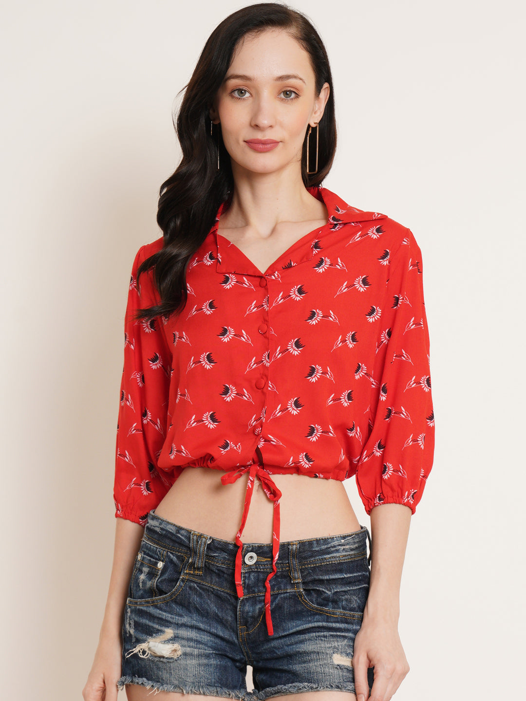 Women Red Floral Printed Puff Sleeve Shirt Style Crop Top