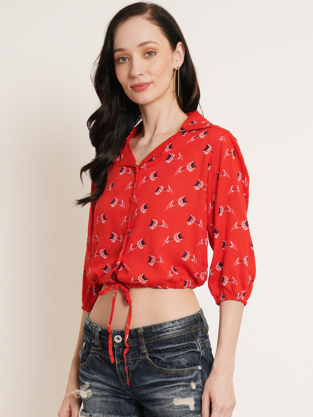 Women Red Floral Printed Puff Sleeve Shirt Style Crop Top